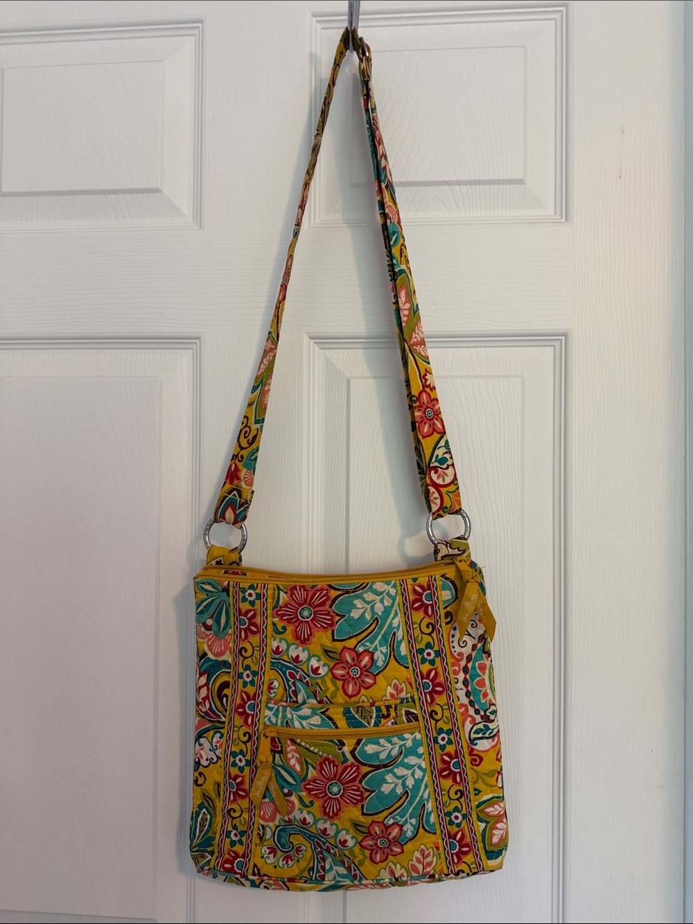 Retired Vera Bradley Yellow Quilted Floral Crossbody with Teal & Pink Accents
